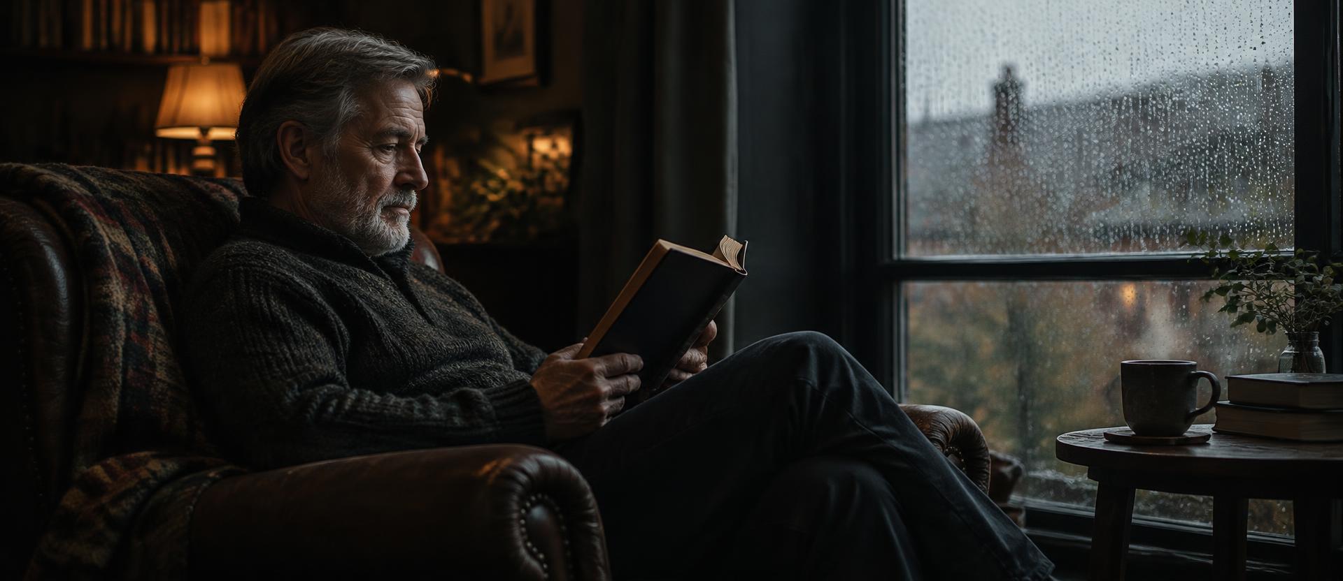 Een man leest in een leunstoel bij een regenachtig raam